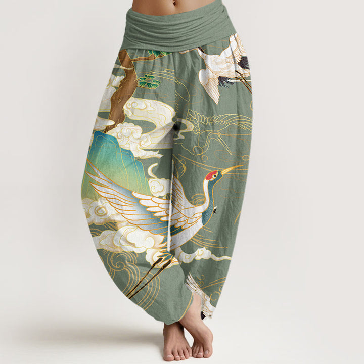 Pantalon harem à taille élastique pour femme, orné de Buddha Stones , de grues volantes en coton et de nuages ​​de bon augure. - Vert foncé - US22，UK/AU26，EU54 (6XL) - image 4
