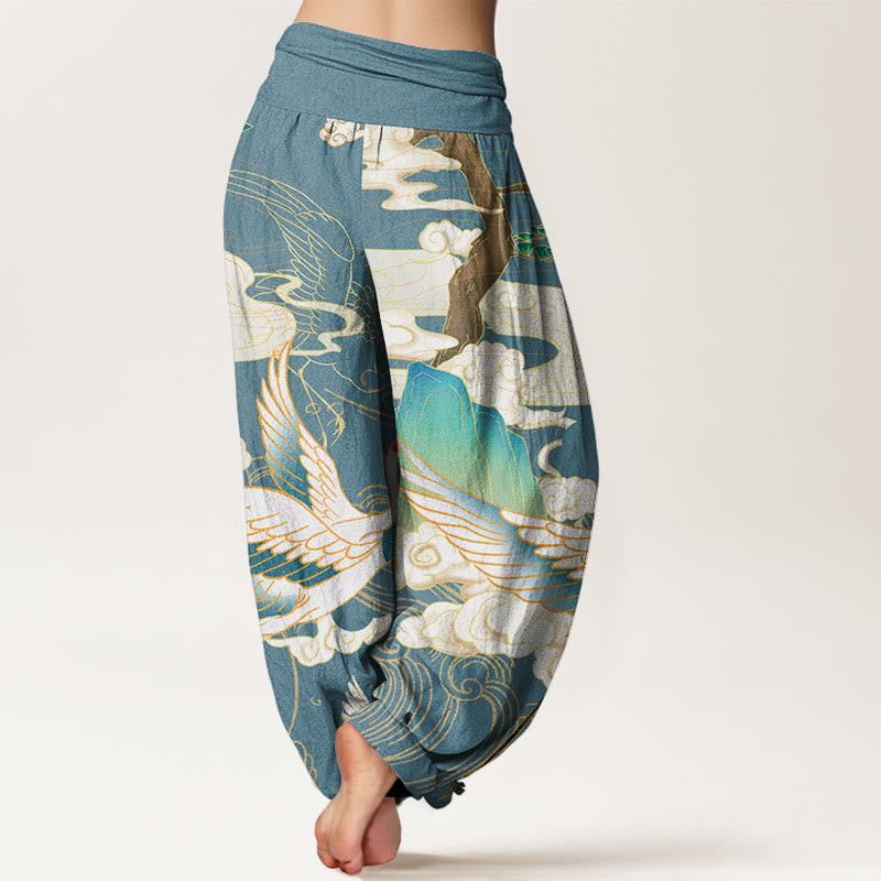 Pantalon harem à taille élastique pour femme, orné de Buddha Stones , de grues volantes en coton et de nuages ​​de bon augure. - image 9
