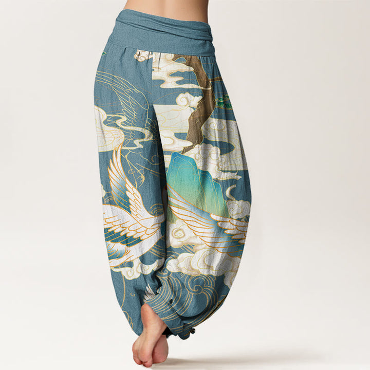 Pantalon harem à taille élastique pour femme, orné de Buddha Stones , de grues volantes en coton et de nuages ​​de bon augure. - image 9