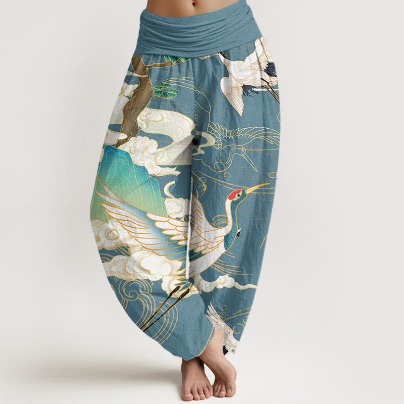 Pantalon harem à taille élastique pour femme, orné de Buddha Stones , de grues volantes en coton et de nuages ​​de bon augure. - CadetBlue - US22，UK/AU26，EU54 (6XL) - image 7