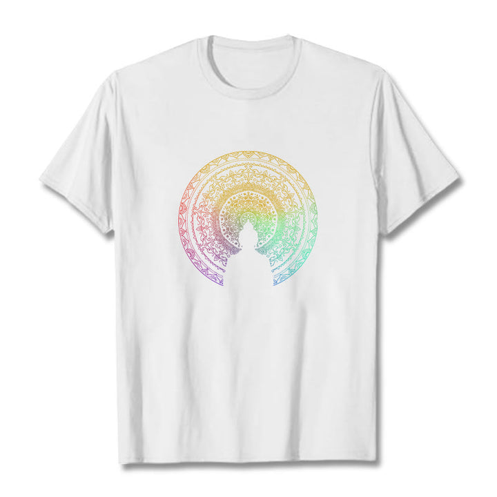 T-shirt en coton avec motif mandala dégradé coloré et Buddha Stones