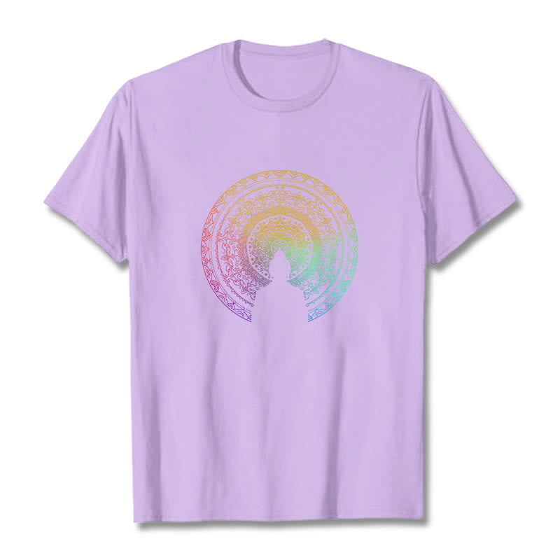 T-shirt en coton avec motif mandala dégradé coloré et Buddha Stones