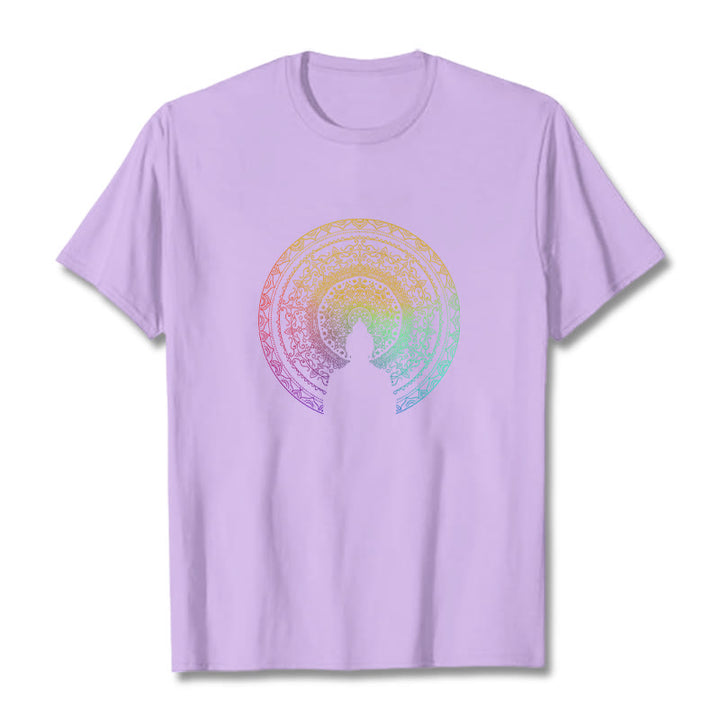 T-shirt en coton avec motif mandala dégradé coloré et Buddha Stones