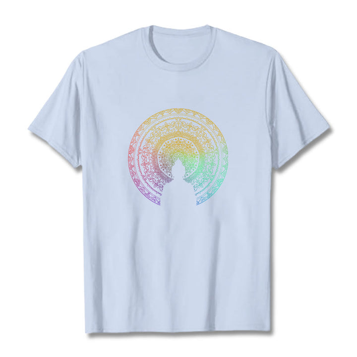 T-shirt en coton avec motif mandala dégradé coloré et Buddha Stones