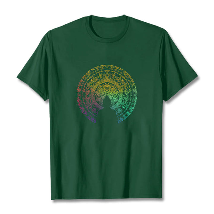 T-shirt en coton avec motif mandala dégradé coloré et Buddha Stones
