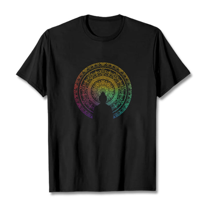 T-shirt en coton avec motif mandala dégradé coloré et Buddha Stones - Noir - 2XL - image 0
