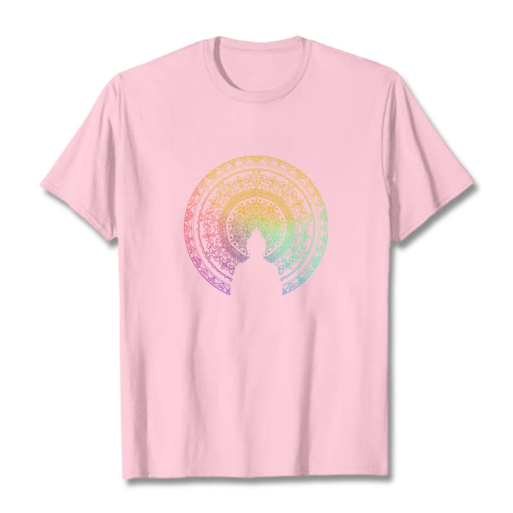 T-shirt en coton avec motif mandala dégradé coloré et Buddha Stones