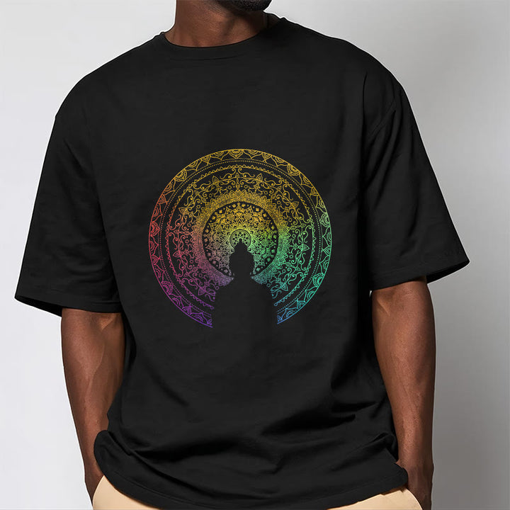 T-shirt en coton avec motif mandala dégradé coloré et Buddha Stones