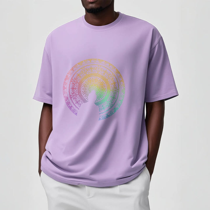 T-shirt en coton avec motif mandala dégradé coloré et Buddha Stones
