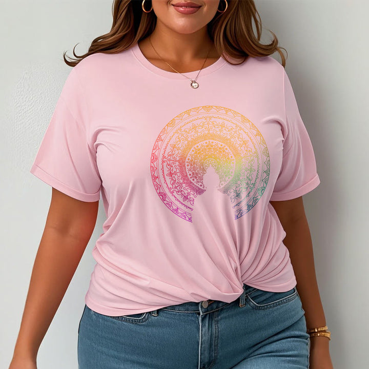 T-shirt en coton avec motif mandala dégradé coloré et Buddha Stones
