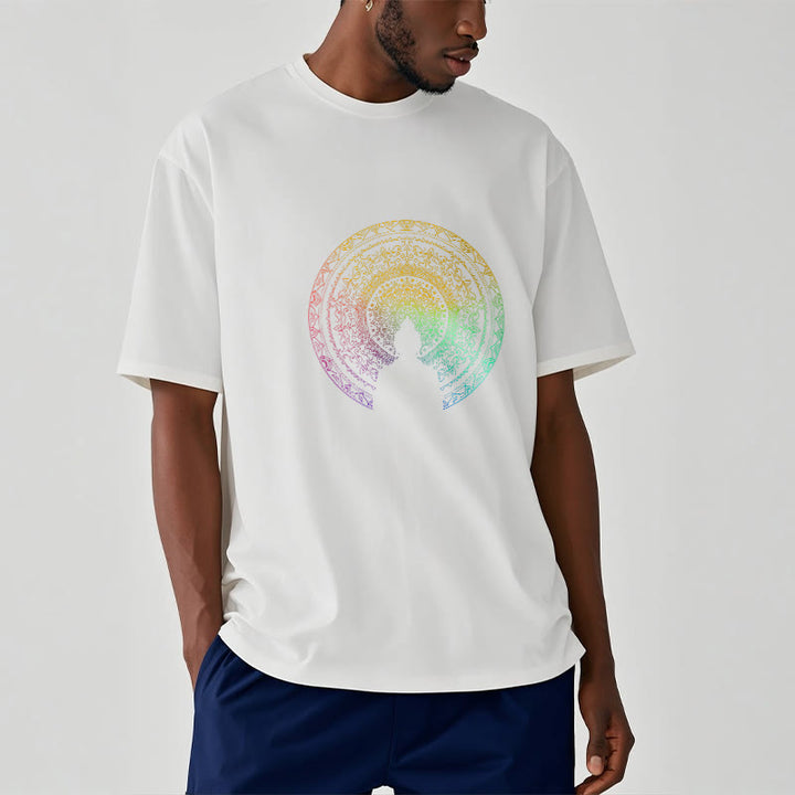 T-shirt en coton avec motif mandala dégradé coloré et Buddha Stones