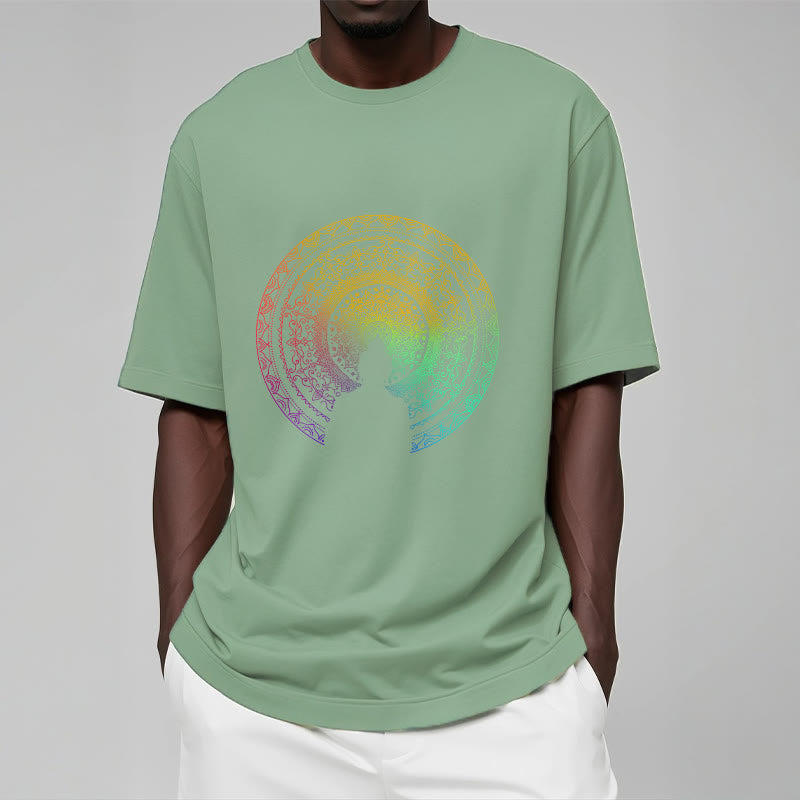 T-shirt en coton avec motif mandala dégradé coloré et Buddha Stones