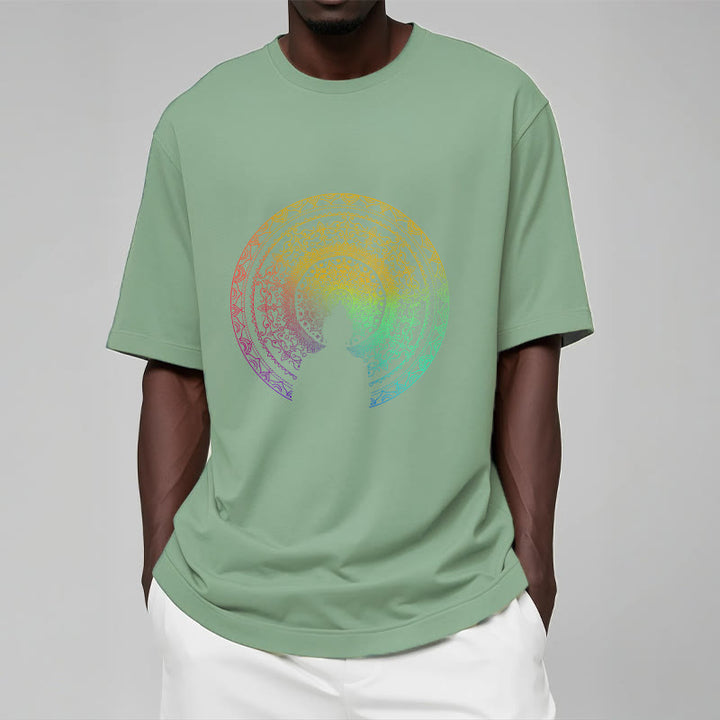 T-shirt en coton avec motif mandala dégradé coloré et Buddha Stones