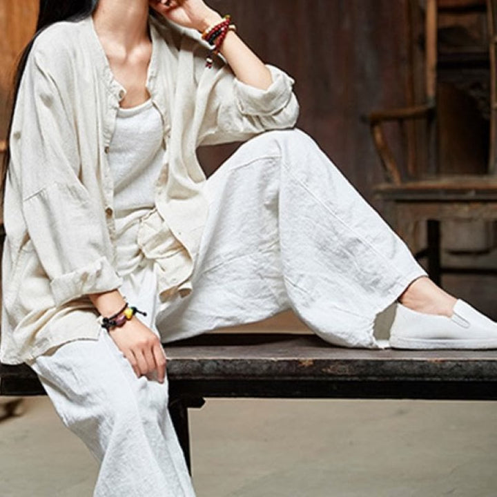 Pantalon décontracté uni en coton ramie avec ceinture élastique et doublure polaire pour femme avec poches Buddha Stones - image 25
