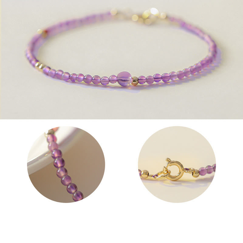 Bracelet de méditation pour la paix intérieure en cuivre plaqué or 14 carats avec Buddha Stones ultra fines de 2 mm et améthyste naturelle