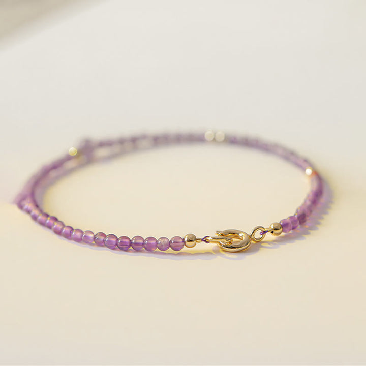 Bracelet de méditation pour la paix intérieure en cuivre plaqué or 14 carats avec Buddha Stones ultra fines de 2 mm et améthyste naturelle