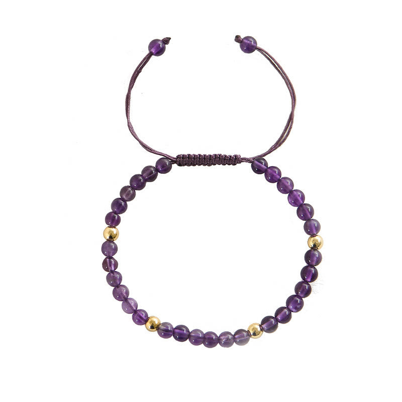 Bracelet en Buddha Stones 4 mm fait à la main en améthyste naturelle 14 carats avec perles en cuivre plaqué or tressé pour soulager le stress