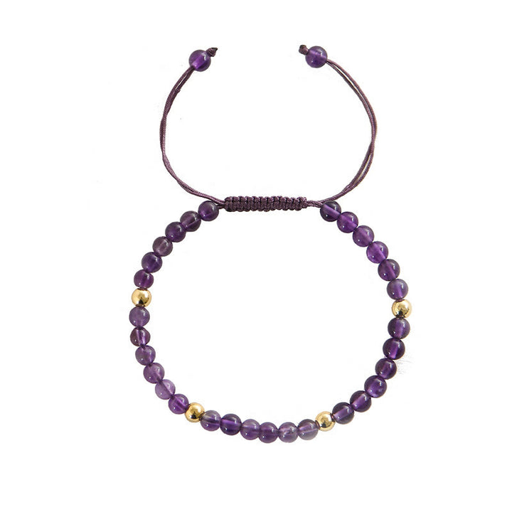 Bracelet en Buddha Stones 4 mm fait à la main en améthyste naturelle 14 carats avec perles en cuivre plaqué or tressé pour soulager le stress