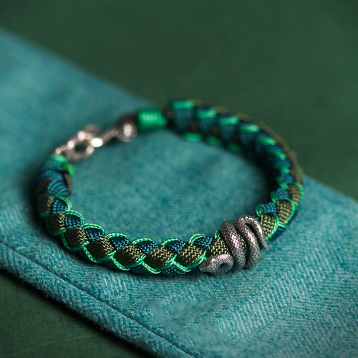 Bracelet tressé de protection en argent sterling 999 Buddha Stones Année du serpent - Corde verte et noire - 21 cm - image 0