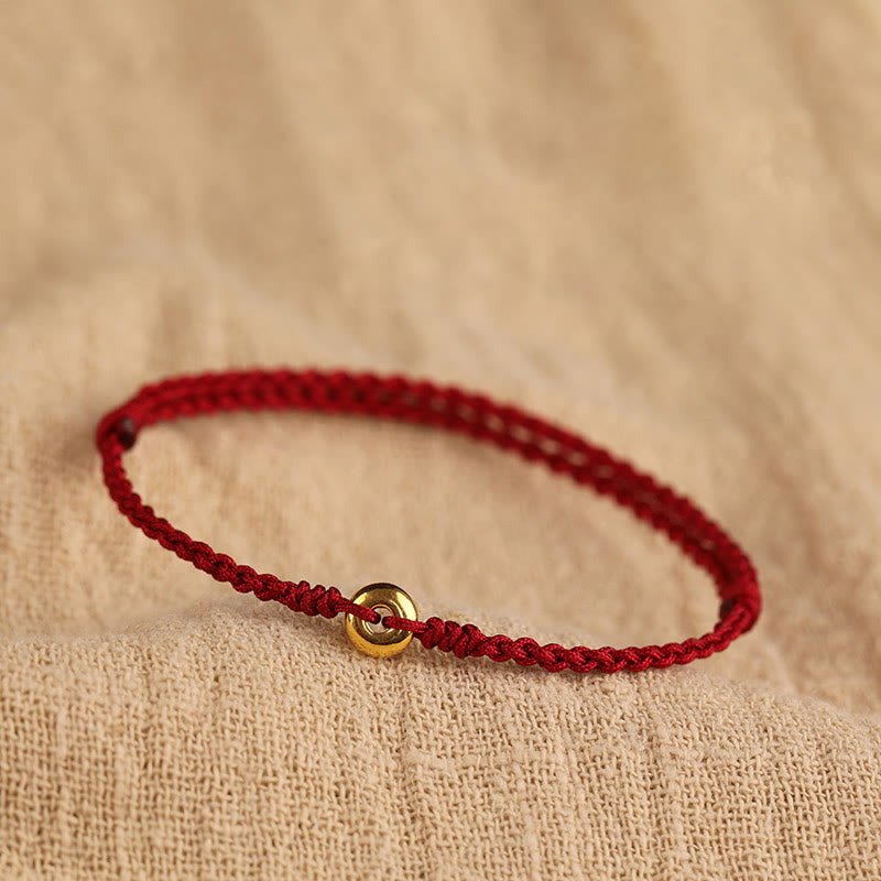 Bracelet de Buddha Stones tressé en or 999 avec petite boucle de paix et cordon rouge pour protection et chance - Bracelet en or 999 (tour de poignet 14-18 cm) - image 0