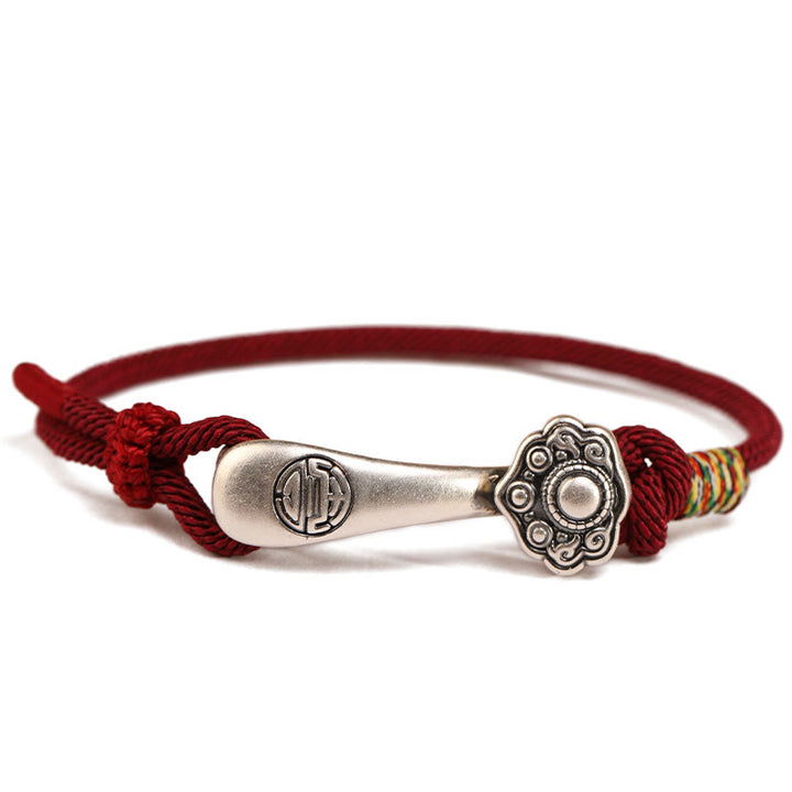 Bracelet tressé de protection en argent sterling 999 Buddha Stones et bâton Ruyi