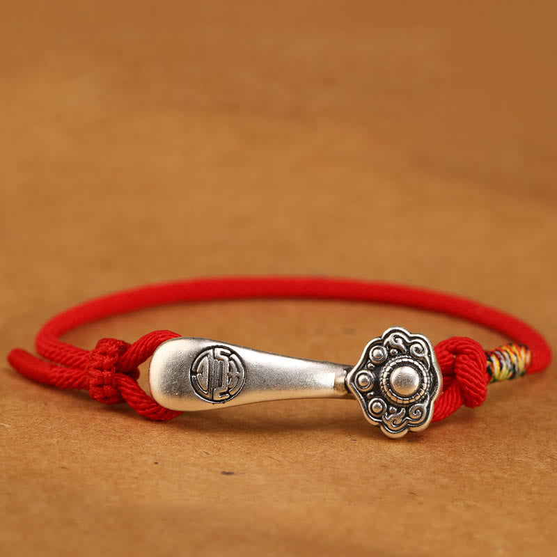 Bracelet tressé de protection en argent sterling 999 Buddha Stones et bâton Ruyi