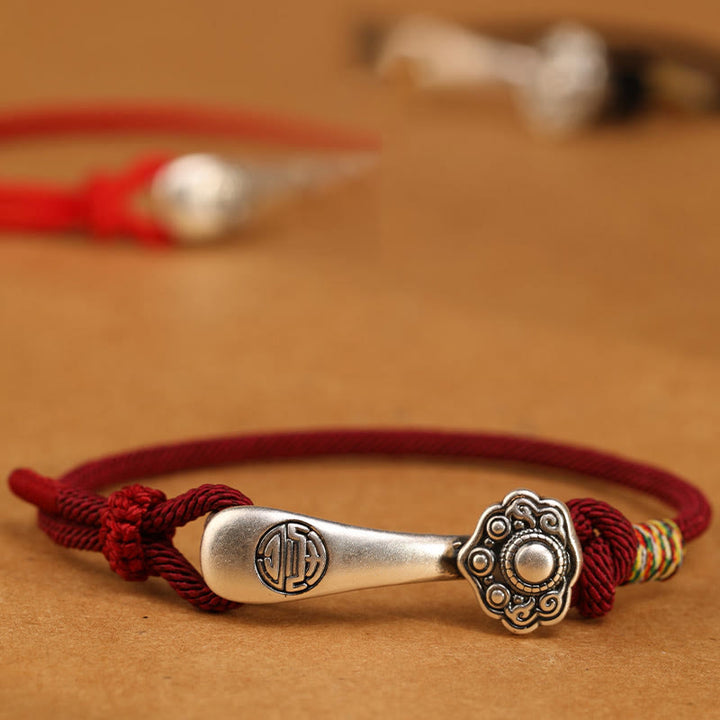 Bracelet tressé de protection en argent sterling 999 Buddha Stones et bâton Ruyi