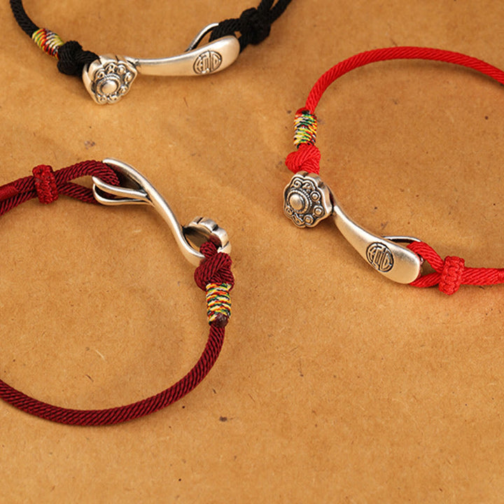 Bracelet tressé de protection en argent sterling 999 Buddha Stones et bâton Ruyi