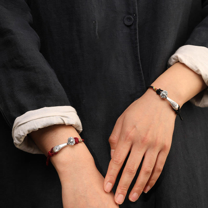 Bracelet tressé de protection en argent sterling 999 Buddha Stones et bâton Ruyi