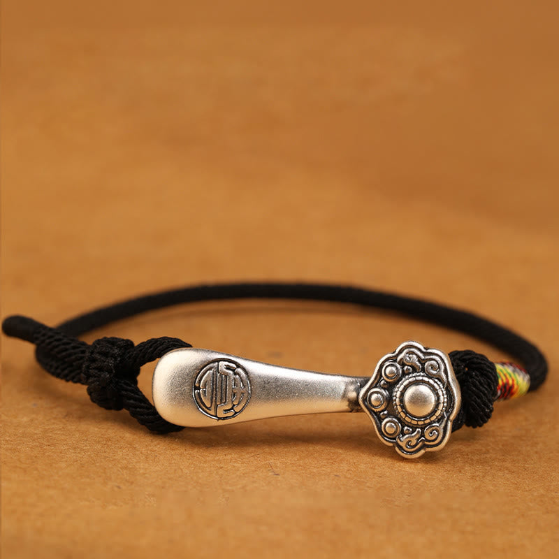 Bracelet tressé de protection en argent sterling 999 Buddha Stones et bâton Ruyi