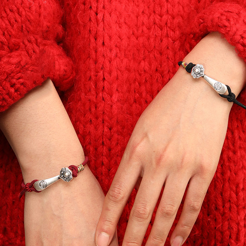 Bracelet tressé de protection en argent sterling 999 Buddha Stones et bâton Ruyi