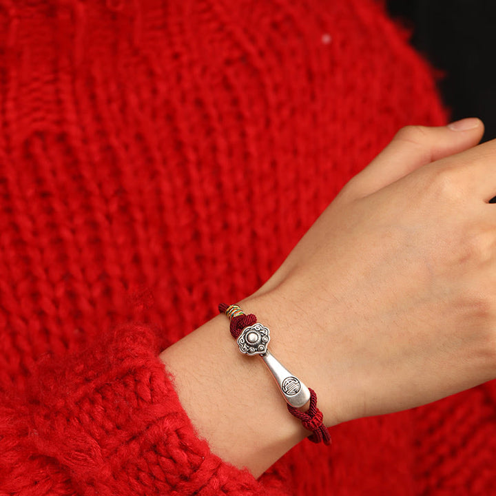 Bracelet tressé de protection en argent sterling 999 Buddha Stones et bâton Ruyi