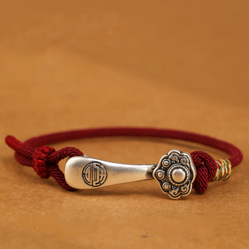 Bracelet tressé de protection en argent sterling 999 Buddha Stones et bâton Ruyi - Corde rouge foncé - 19-21 cm - image 1