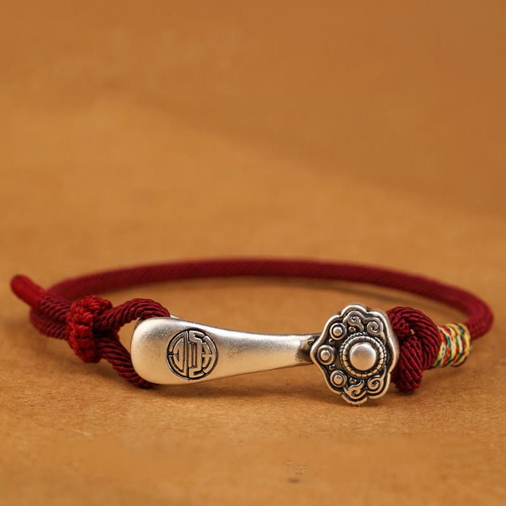 Bracelet tressé de protection en argent sterling 999 Buddha Stones et bâton Ruyi - Corde rouge foncé - 19-21 cm - image 1
