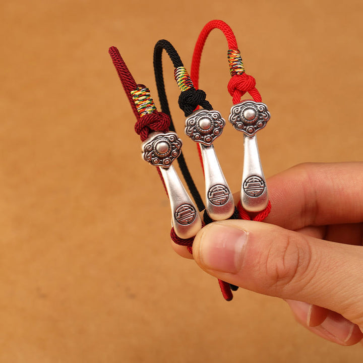 Bracelet tressé de protection en argent sterling 999 Buddha Stones et bâton Ruyi