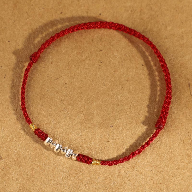 Bracelet de cheville tressé ultra fin en argent sterling 925 Buddha Stones et protection contre la chance - Corde en argent sterling 925 rouge foncé - Bracelet de cheville (circonférence 19-23 cm) - image 1