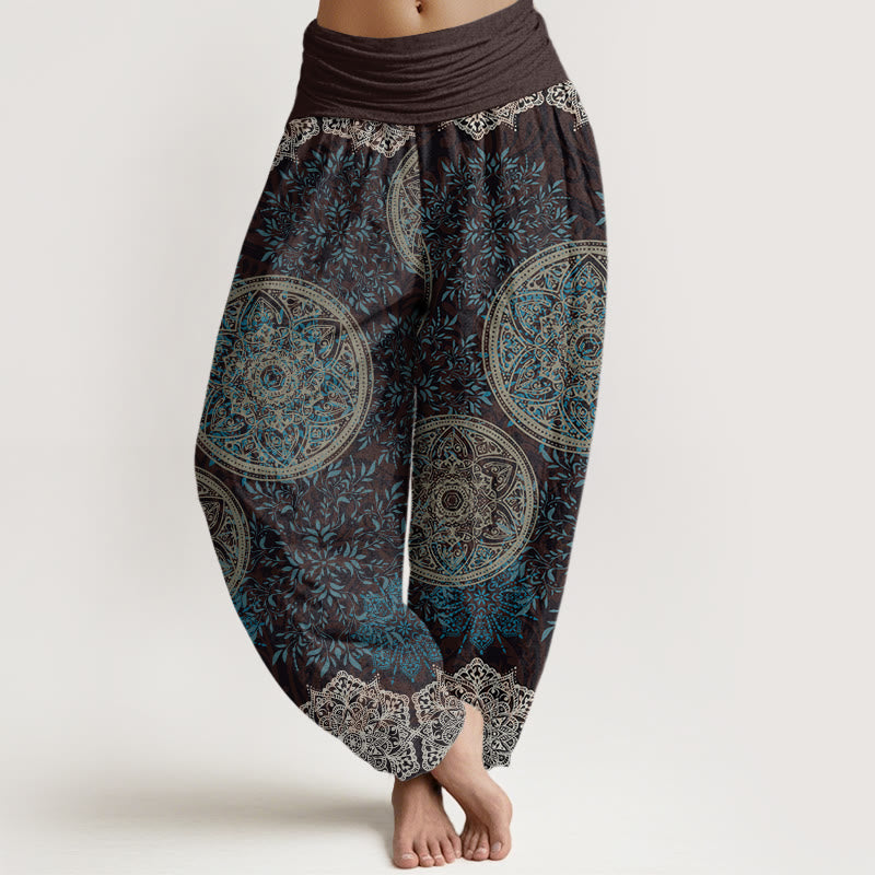 Pantalon harem à taille élastique pour femme, en coton à motif mandala et Buddha Stones - Brun - US22，UK/AU26，EU54 (6XL) - image 0