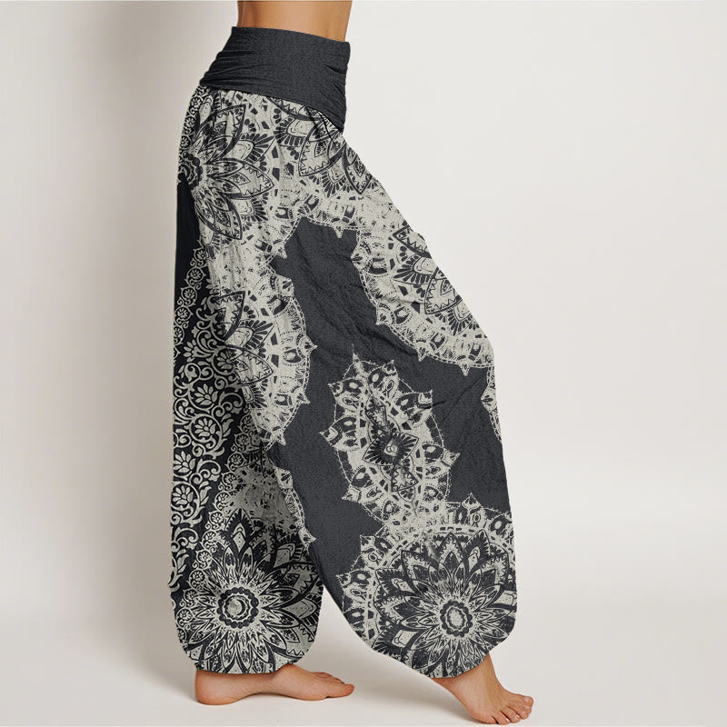 Pantalon harem à taille élastique pour femme, en coton, motif mandala et fleurs parallèles, orné de Buddha Stones - image 1