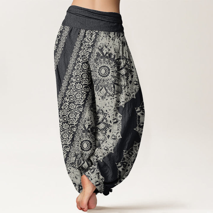 Pantalon harem à taille élastique pour femme, en coton, motif mandala et fleurs parallèles, orné de Buddha Stones - image 2