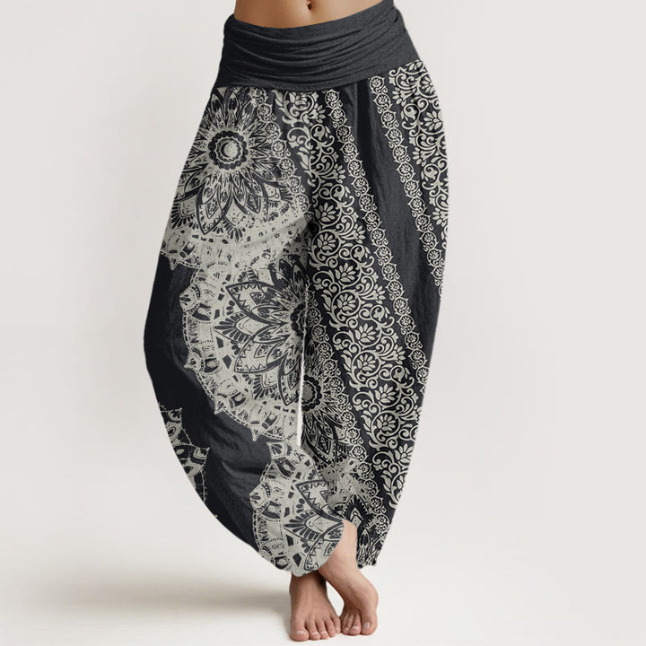 Pantalon harem à taille élastique pour femme, en coton, motif mandala et fleurs parallèles, orné de Buddha Stones - Gris terne - US22，UK/AU26，EU54 (6XL) - image 0