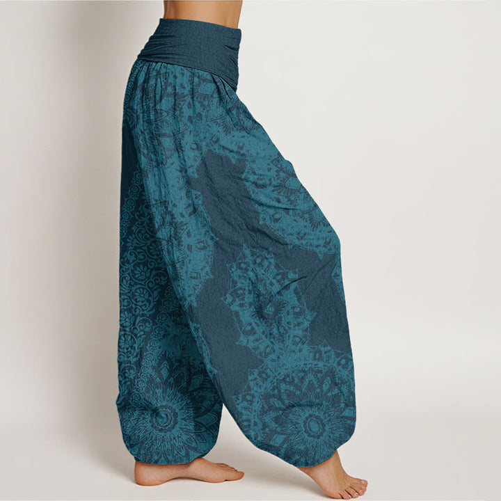 Pantalon harem à taille élastique pour femme, en coton, motif mandala et fleurs parallèles, orné de Buddha Stones - image 5