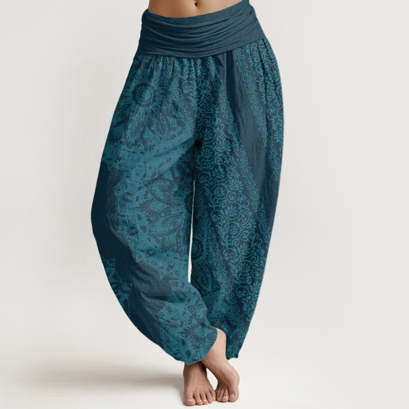 Pantalon harem à taille élastique pour femme, en coton, motif mandala et fleurs parallèles, orné de Buddha Stones - DarkCyan - US22，UK/AU26，EU54 (6XL) - image 4