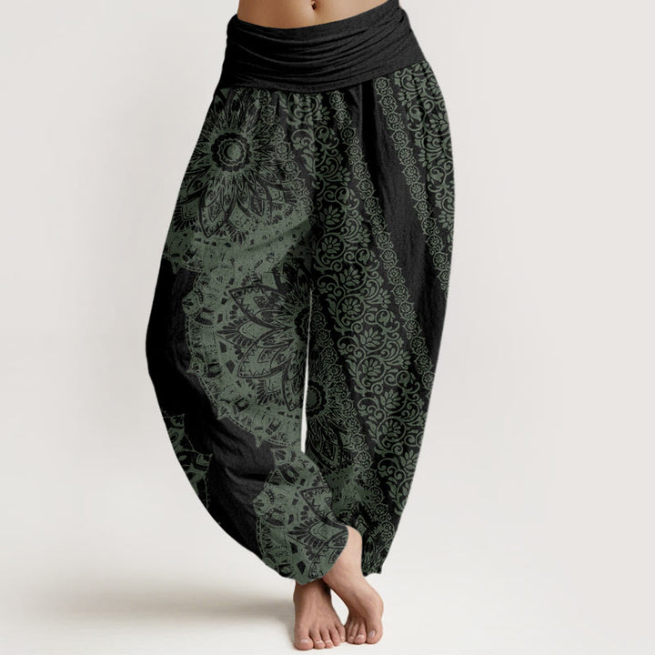 Pantalon harem à taille élastique pour femme, en coton, motif mandala et fleurs parallèles, orné de Buddha Stones - Noir - US22，UK/AU26，EU54 (6XL) - image 7