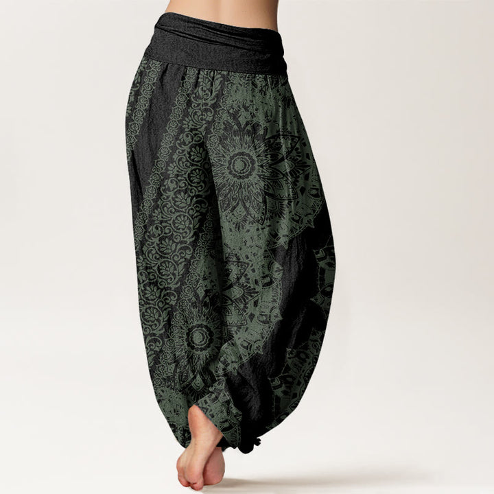 Pantalon harem à taille élastique pour femme, en coton, motif mandala et fleurs parallèles, orné de Buddha Stones - image 9