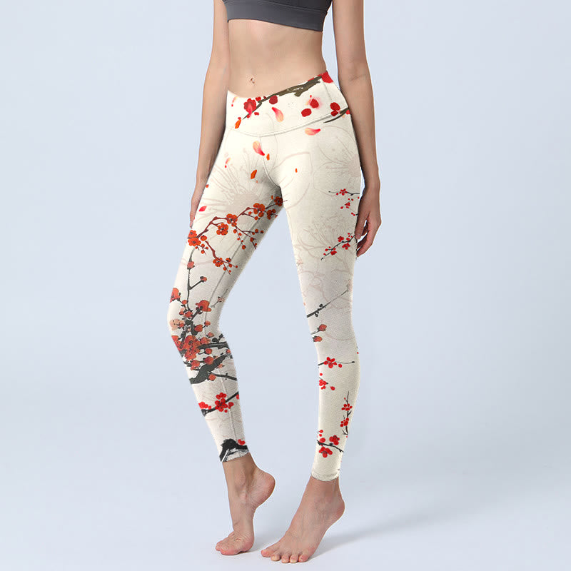 Leggings de sport à imprimé Buddha Stones Blooming Red Plum Blossoms Pantalon de yoga pour femme - Beige - US18，UK/AU22，EU50 (4XL) - image 1