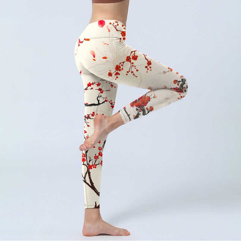 Leggings de sport à imprimé Buddha Stones Blooming Red Plum Blossoms Pantalon de yoga pour femme - image 3