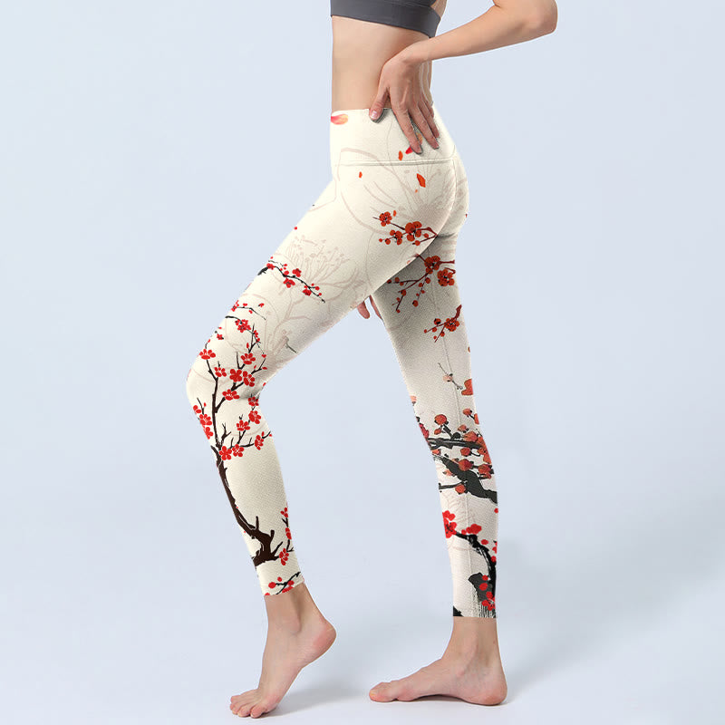 Leggings de sport à imprimé Buddha Stones Blooming Red Plum Blossoms Pantalon de yoga pour femme - image 3