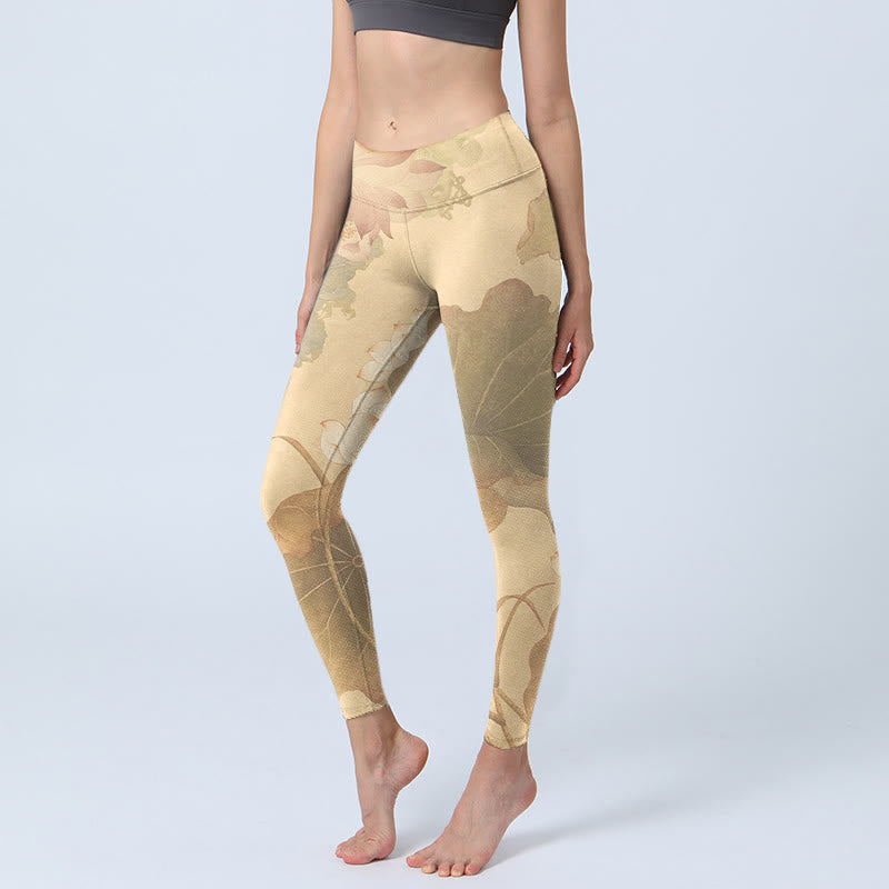 Leggings de sport à imprimé Buddha Stones, fleurs de lotus et feuilles, pantalons de yoga pour femmes - Verge d'or pâle - US18，UK/AU22，EU50 (4XL) - image 1