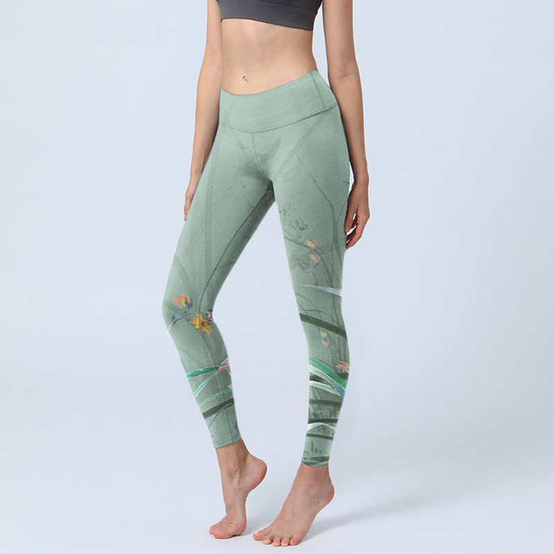 Leggings de sport à imprimé feuilles d'orchidées blanches et roses Buddha Stones Pantalon de yoga pour femme - Aigue-marine moyenne - US18，UK/AU22，EU50 (4XL) - image 0