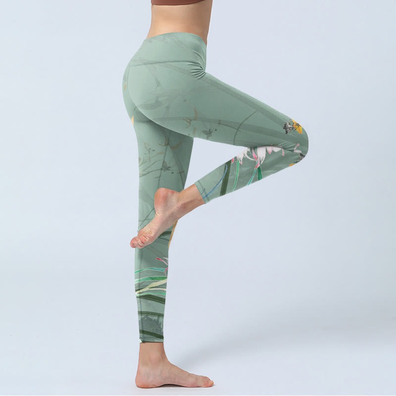 Leggings de sport à imprimé feuilles d'orchidées blanches et roses Buddha Stones Pantalon de yoga pour femme - image 4